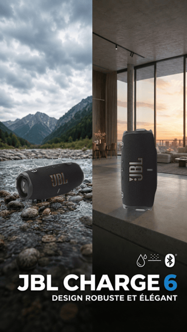 Enceinte JBL Charge 6 présentée en extérieur au bord de l'eau et en intérieur dans un salon