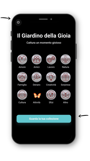 App Joyering con categorie e un momento di gioia catturato