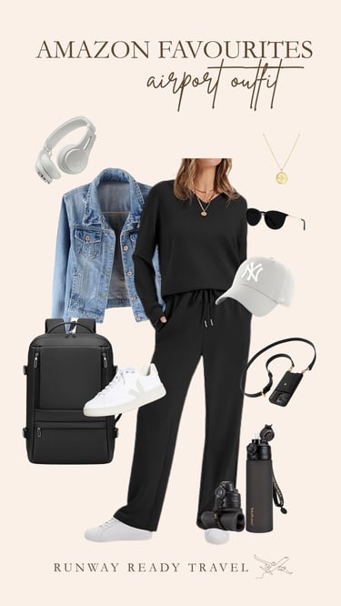 Black travel outfit flat lay with denim jacket, Grey NY cap and backpack. Amazon edit. 