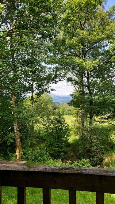 Scenic landscape view of lush green trees and rolling hills in the English countryside from a wooden balcony.