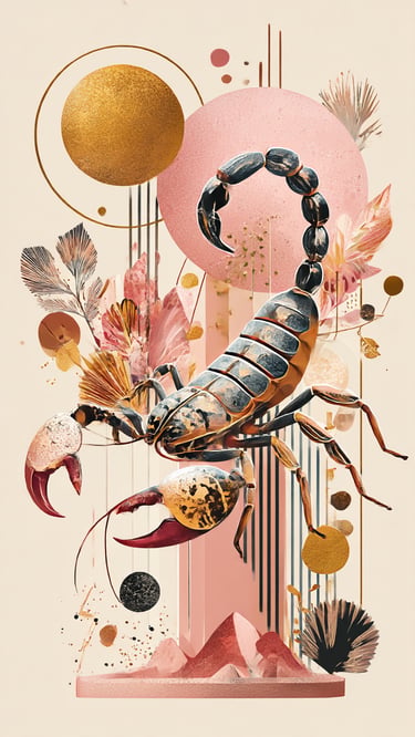 illustration d'un scorpion devant des éléments graphiques, cercles, lignes, pyramides,