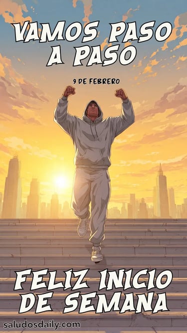 Ilustración caricaturesca de un boxeador entrenando al amanecer en una ciudad, subiendo escaleras