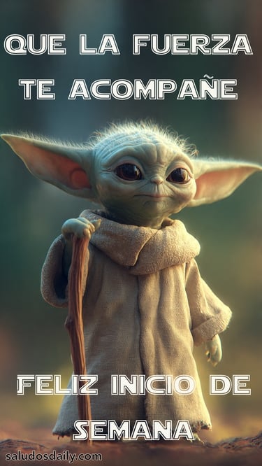 Personaje sabio de piel verde inspirado en un maestro Jedi, con túnica y bastón, iluminado por luz
