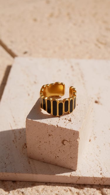 photo produits, photo de bijoux, bague noire et dorée, bijoux en acier inoxydable