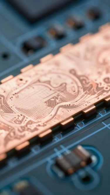 Extreme macro photography of a copper PCB track, showing perfectly clean, burr-free chemically etched edges, technical blue grid overlay.