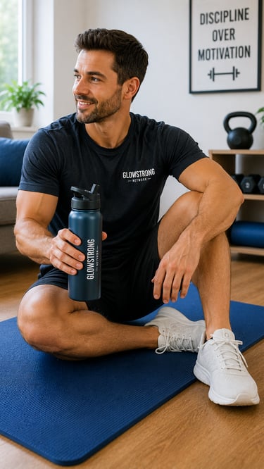 Man holding a reusable water bottle after a home workout while sitting on an exercise mat