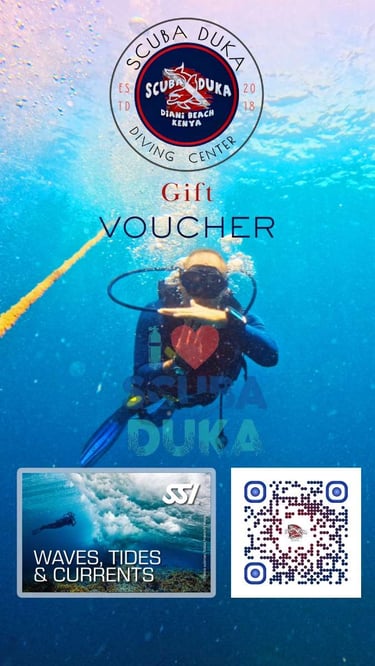 Scuba Duka diving center gift voucher for a waves and tides course in Diani Beach Kenya.