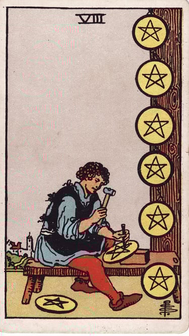 Eight of Pentacles Tarot Card Meaning Reading Description 