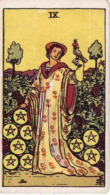 Nine of Pentacles Tarot Card Meaning Reading Description