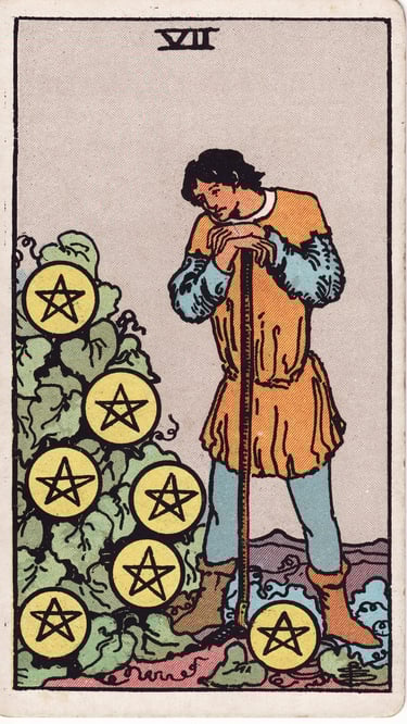 Seven of Pentacles Tarot Card Meaning Reading Description