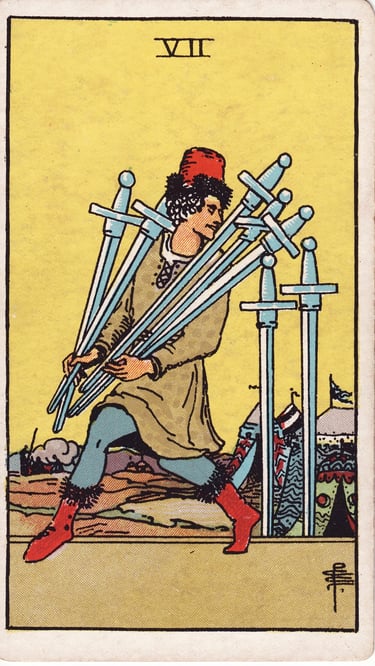 Seven of Swords Tarot Card Meaning Reading Description – Learn the meaning of the Seven of Swords 