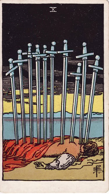 Ten of Swords Tarot Card Meaning Reading Description – Explore the meaning of the Ten of Swords card