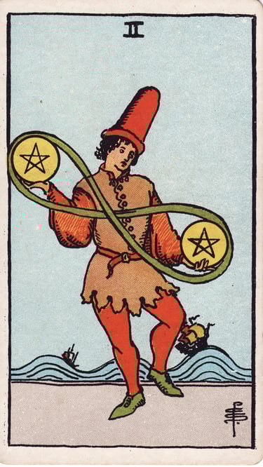 Two of Pentacles Tarot Card Meaning Reading Description 
