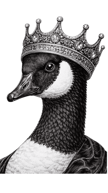 A black and white goose with a diamond crusted crown