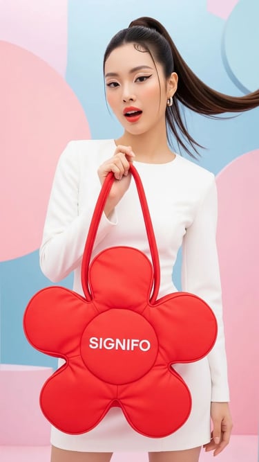 Seorang model dengan gaya Pop Art memegang tas SIGNIFO berbentuk bunga berwarna Salem.