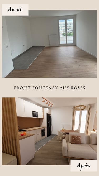 salon moderne avec cuisine ouverte beige et bois 