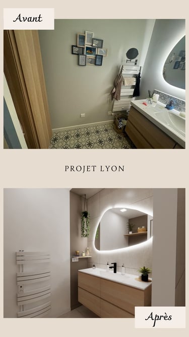Salle d'eau beige avec peinture effet boite 