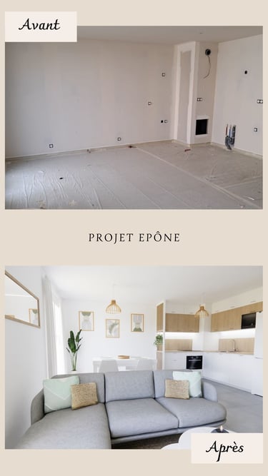 Salon moderne gris en vert d'eau avec cuisine ouverte blanche et bois