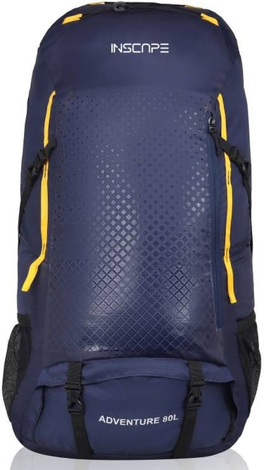 a navy blue trekking bags with geometric print on it and yellow strap with unique design . 80 liter 