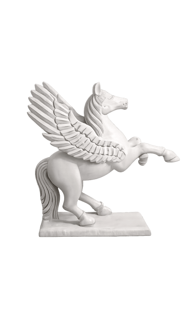 White Pegasus statue on a black background, featuring a rearing winged horse sculpture.