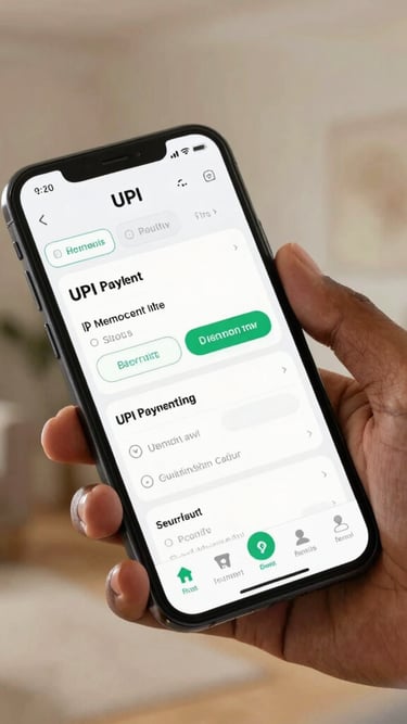 A close-up shot of a smartphone screen displaying an e-commerce shopping cart with UPI payment options, held by a South Asian / Indian customer inside a well-lit home in Hyderabad. The background is a warm, modern living room with soft lighting, reflecting security and digital ease.