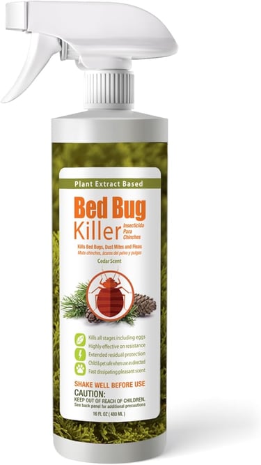 a red bug killer spray bottle with a spray bottle