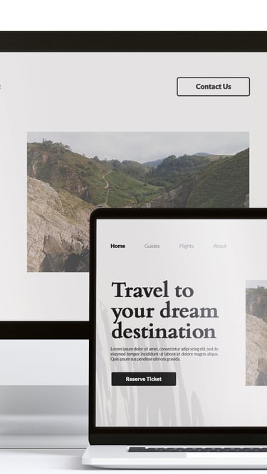 a laptop, tablet and a laptop computer monitor with a travel theme