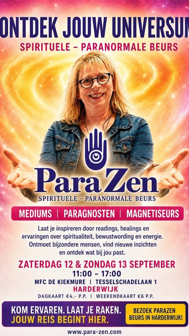 Poster for ParaZen spirituele paranormale beurs in Harderwijk featuring mediums and paragnosten.