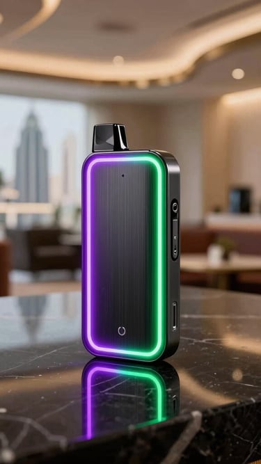 A sleek electronic vape device on a reflective black marble countertop in a luxury Dubai lounge, with vibrant neon lines of electric violet and green tracing the edges, modern architecture of Dragon Mart visible in the soft-focus background, dramatic atmospheric lighting, Middle Eastern / Dubai Gulf Region.