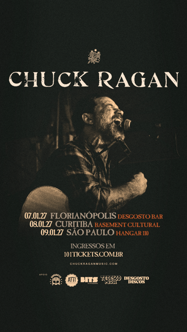 Cartaz do show do vocalista do Hot Water Music, Chuck Ragan com foto do cantor em destaque.