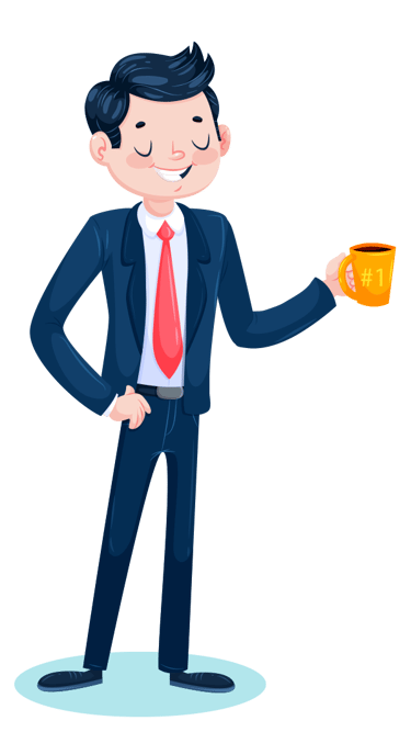 a man in a suit and tie holding a cup of coffee