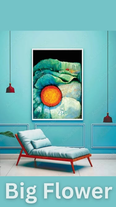 Big flower painting on the wall in a blue room