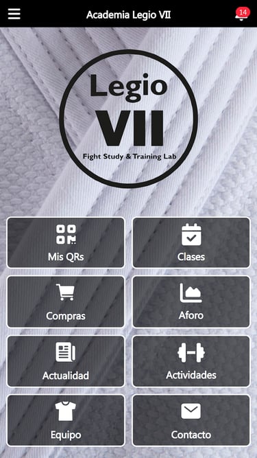 Captura de la app móvil de Academia Legio VII con acceso a clases, compras y aforo