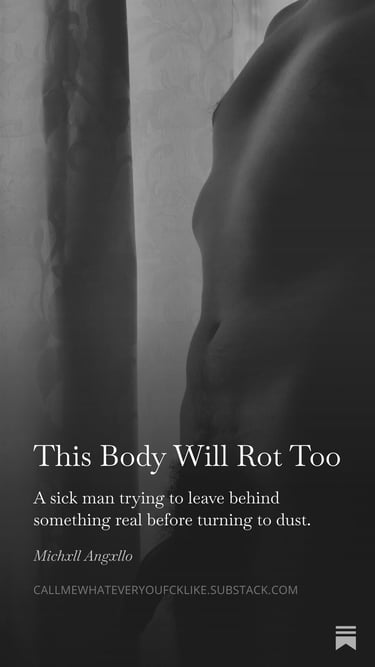 Male torso in profile in black and white with melancholic text.