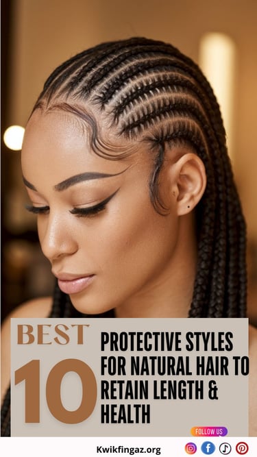 A stunning, close-up shot captures a beautiful Black woman showcasing an intricately styled cornrow design with sleek, symmet