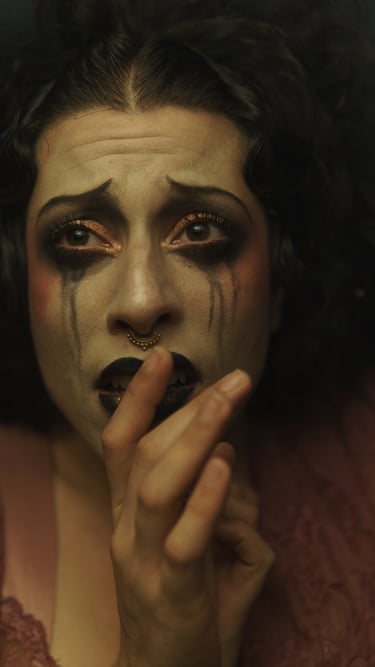 a woman with black makeup and makeup dropping on her face