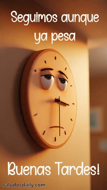 Reloj de pared animado estirándose con expresión cansada, iluminado por luz de la tarde