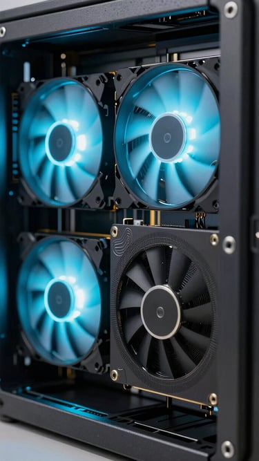 Macro shot of hardware cooling systems and GPU components inside a server rack, sharp neon cyan LED highlights, dark environment