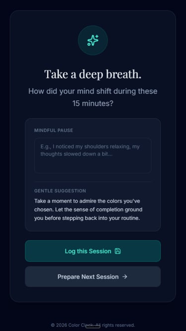final screen of a web app called Color Clock, a meditative coloring timer for coloring enthusiasts