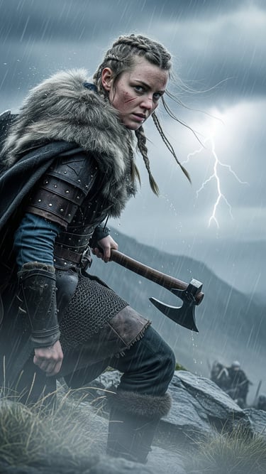 Shield Maiden standing on moutain side.