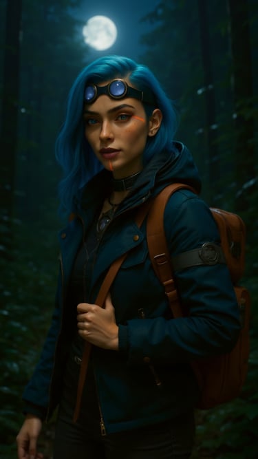 a woman with blue hair and goggles on a dark background