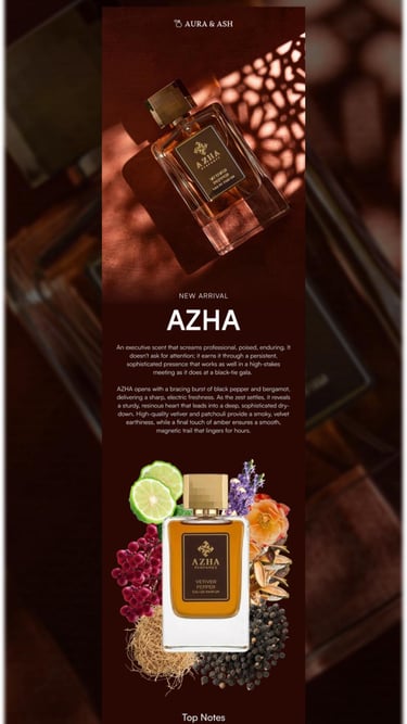 Azha Vetiver Pepper Eau de Parfum bottle surrounded by lime, lavender, and pink peppercorns.