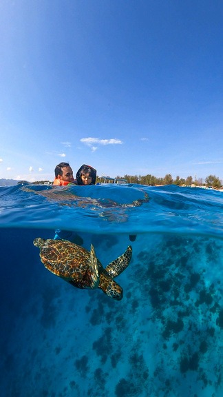a man swimming in the ocean with a turtle in gili trawangan