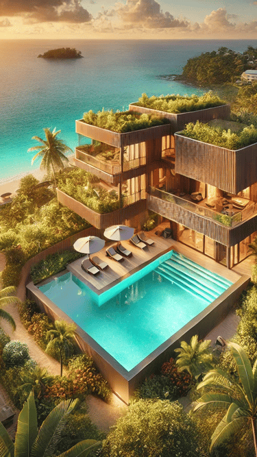 Vue aérienne d'un complexe hôtelier haut de gamme niché dans un jardin tropical luxuriant avec piscine, construit en bois dur