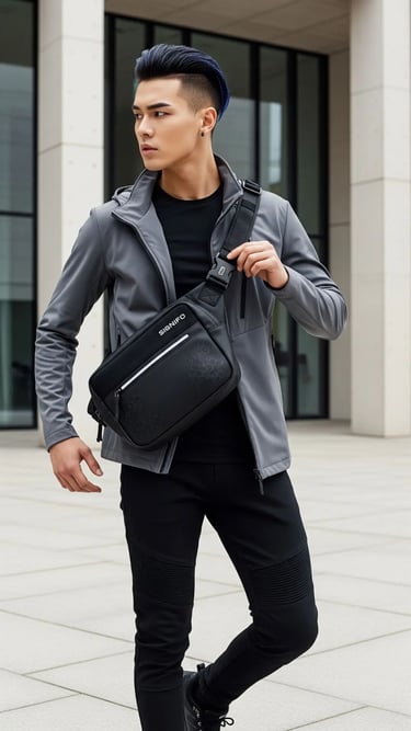 Model pria Korea dengan tas sling hitam futuristik di lingkungan modern.