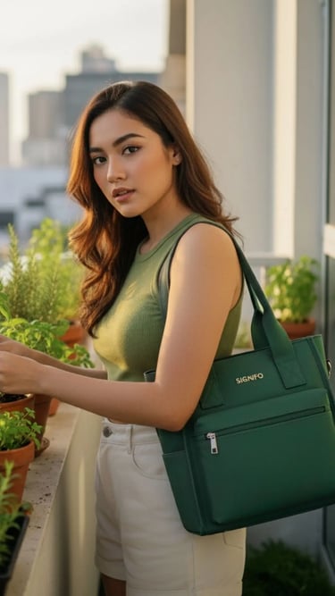 Wanita merawat tanaman di balkon, tas SIGNIFO hijau tersampir di bahunya.