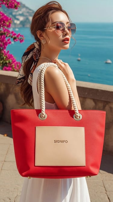 Seorang wanita bergaya elegan di pesisir pantai membawa tas tote SIGNIFO berwarna Salem.