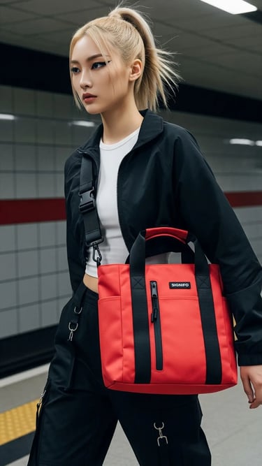 Model bergaya urban techwear membawa tas SIGNIFO berwarna Salem di stasiun kereta.
