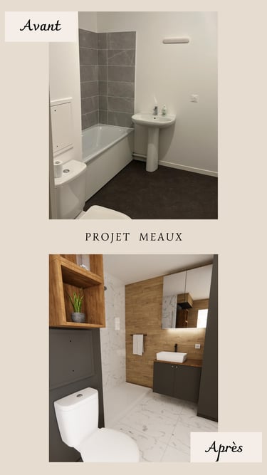 salle d'eau marbre, carrelage effet bois et mobilier gris anthracite 