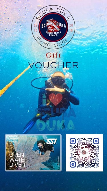 Scuba Duka gift voucher for an SSI Open Water Diver scuba diving course in Diani Beach, Kenya.